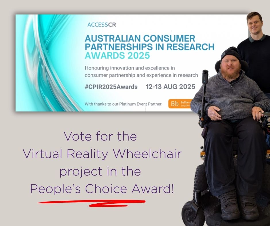 Robert Cuthbert and John Hitchens in front of a sign saying AccessCR vote in the people's choice awards