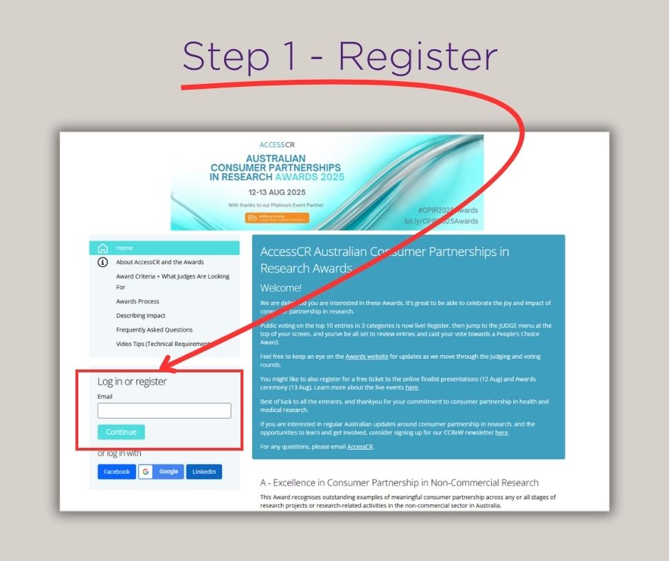 Step 1 - Register. Arrow pointing to registration section of the website