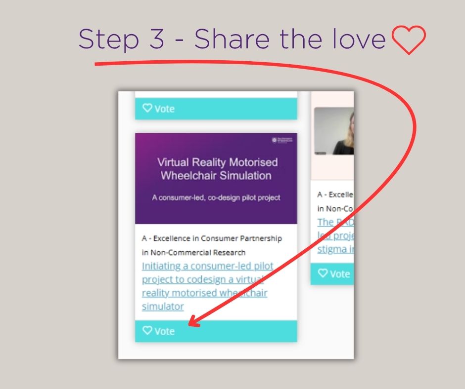 Step 3 - share the love - arrow pointing to the heart button to vote