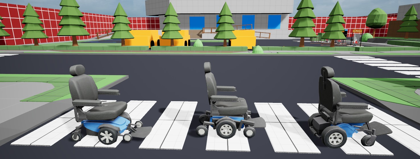 screenshot of 3 wheelchairs on a zebra crossing from a virtual reality simulation